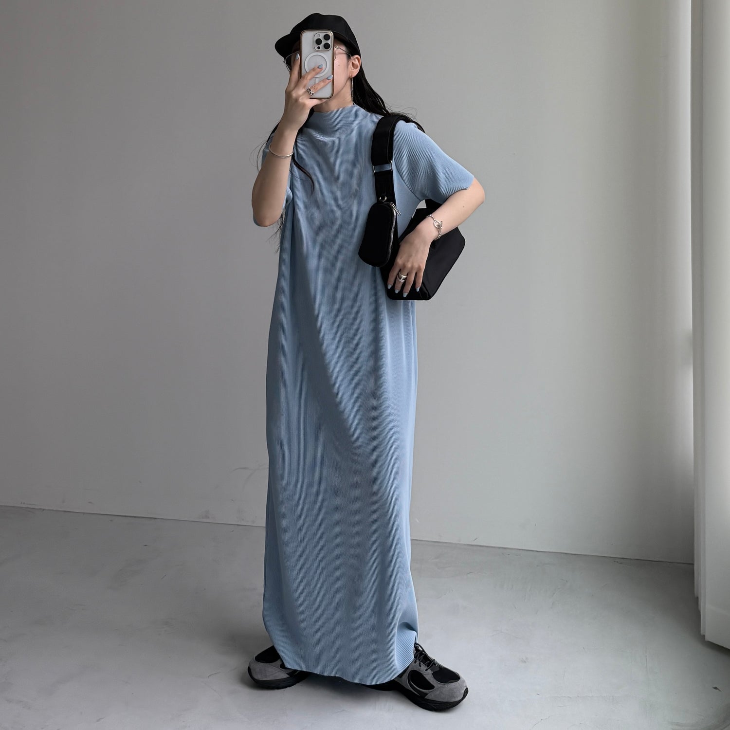 daily daily super stretch pleats one piece / light blue [半袖 FREE or LONG]