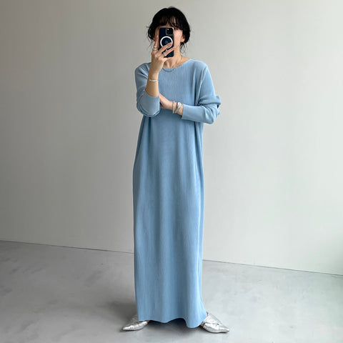 daily daily super stretch crew neck pleats one piece / sky blue [FREE or LONG]