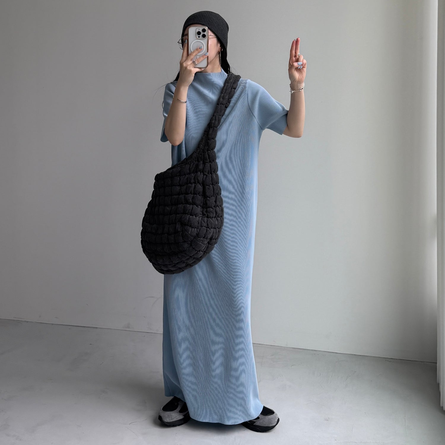 daily daily super stretch pleats one piece / light blue [半袖 FREE or LONG]