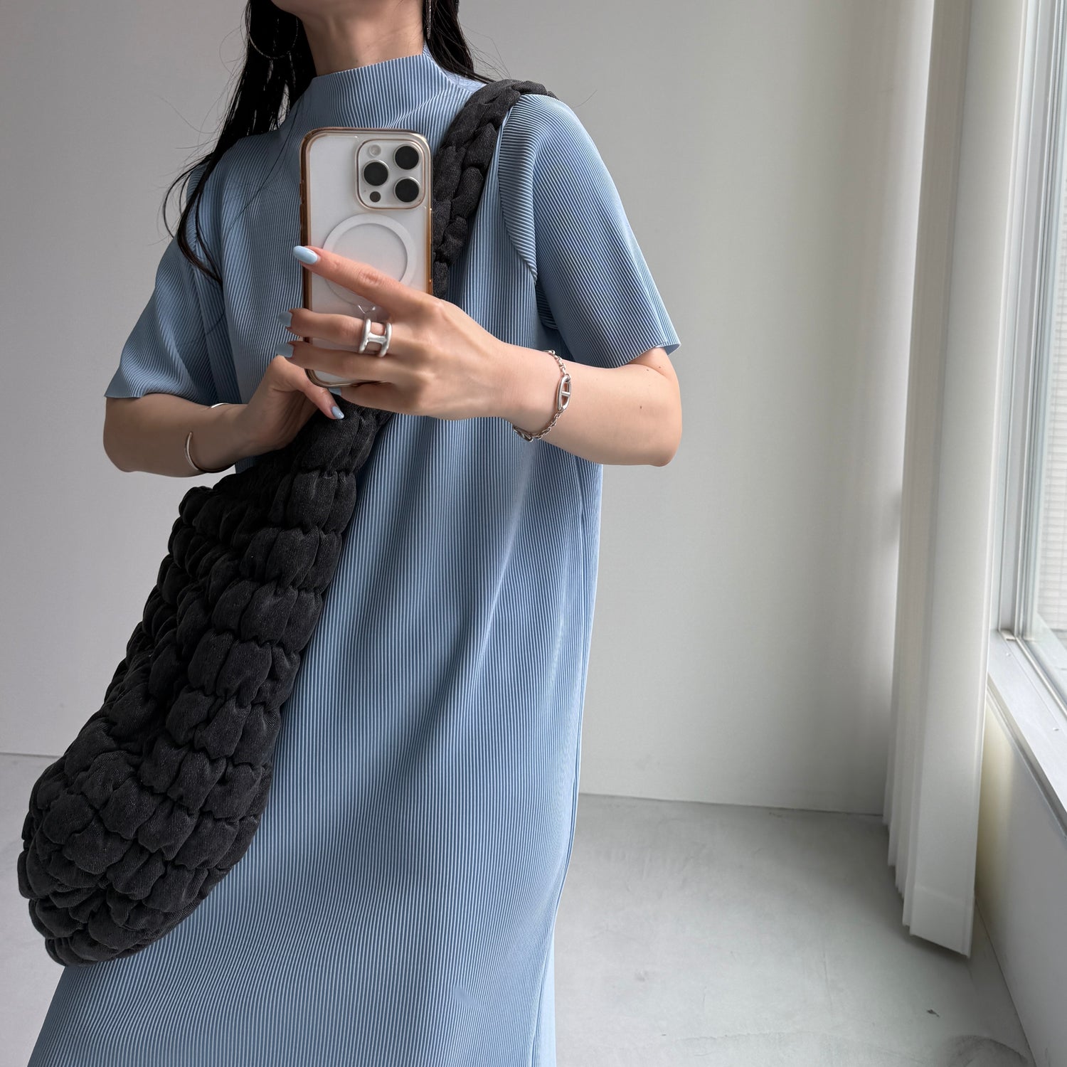 daily daily super stretch pleats one piece / light blue [半袖 FREE or LONG]