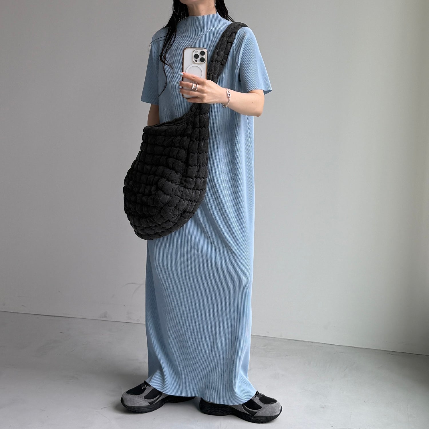 daily daily super stretch pleats one piece / light blue [半袖 FREE or LONG]