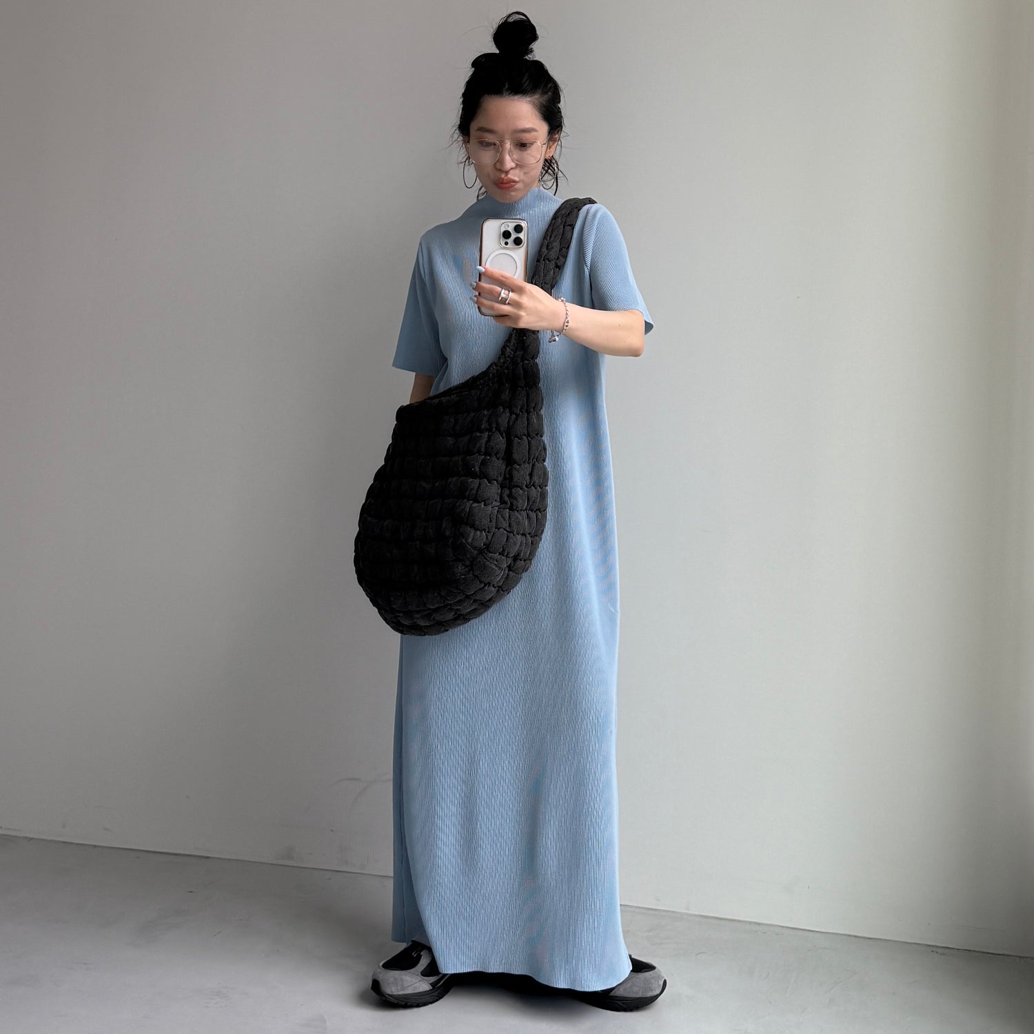 daily daily super stretch pleats one piece / light blue [半袖 FREE or LONG]