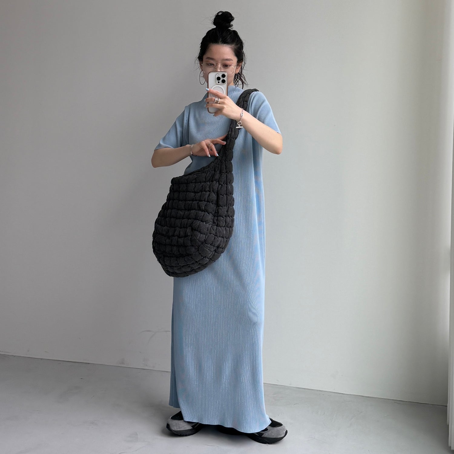 daily daily super stretch pleats one piece / light blue [半袖 FREE or LONG]