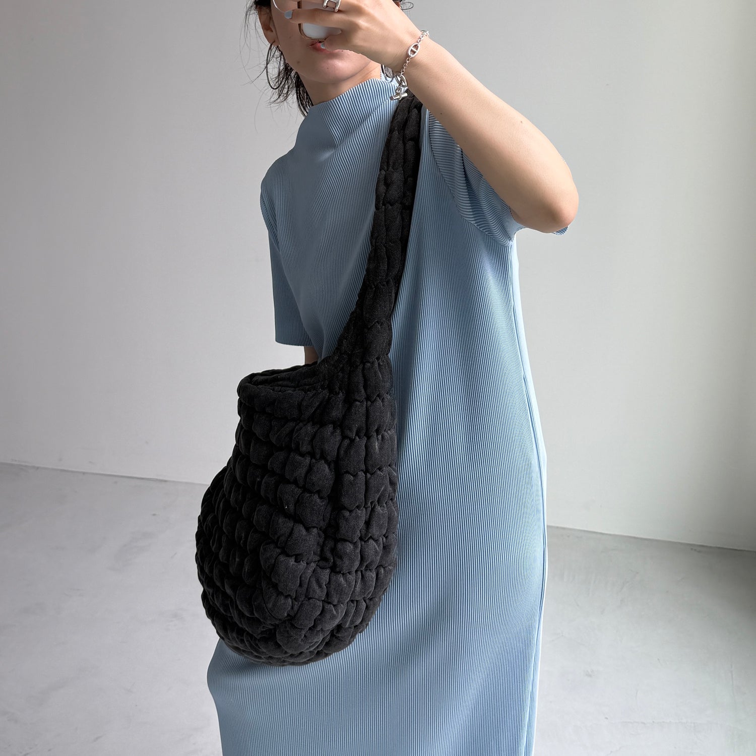 daily daily super stretch pleats one piece / light blue [半袖 FREE or LONG]