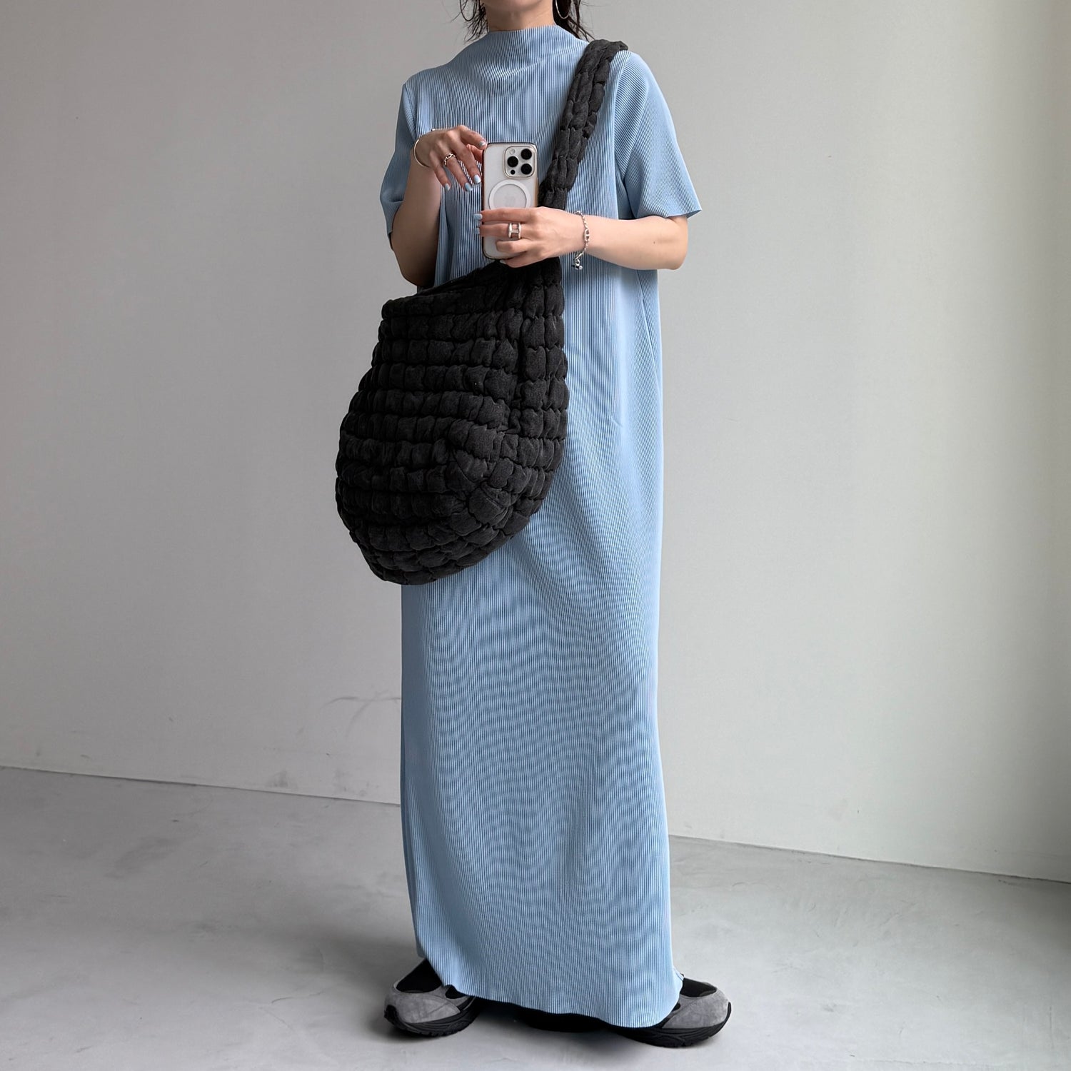daily daily super stretch pleats one piece / light blue [半袖 FREE or LONG]