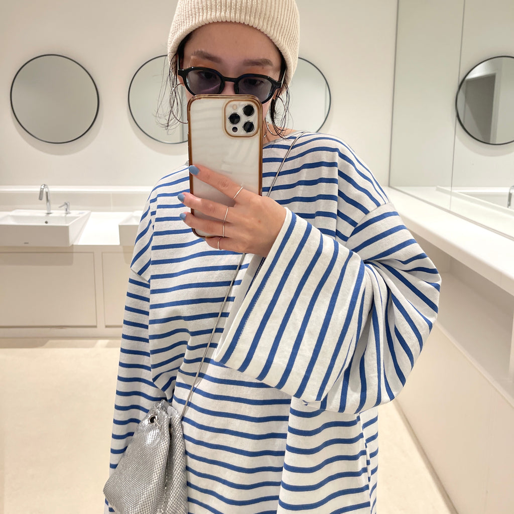 wide sleeve over size border tee / blue×silver [SHORT or FREE]