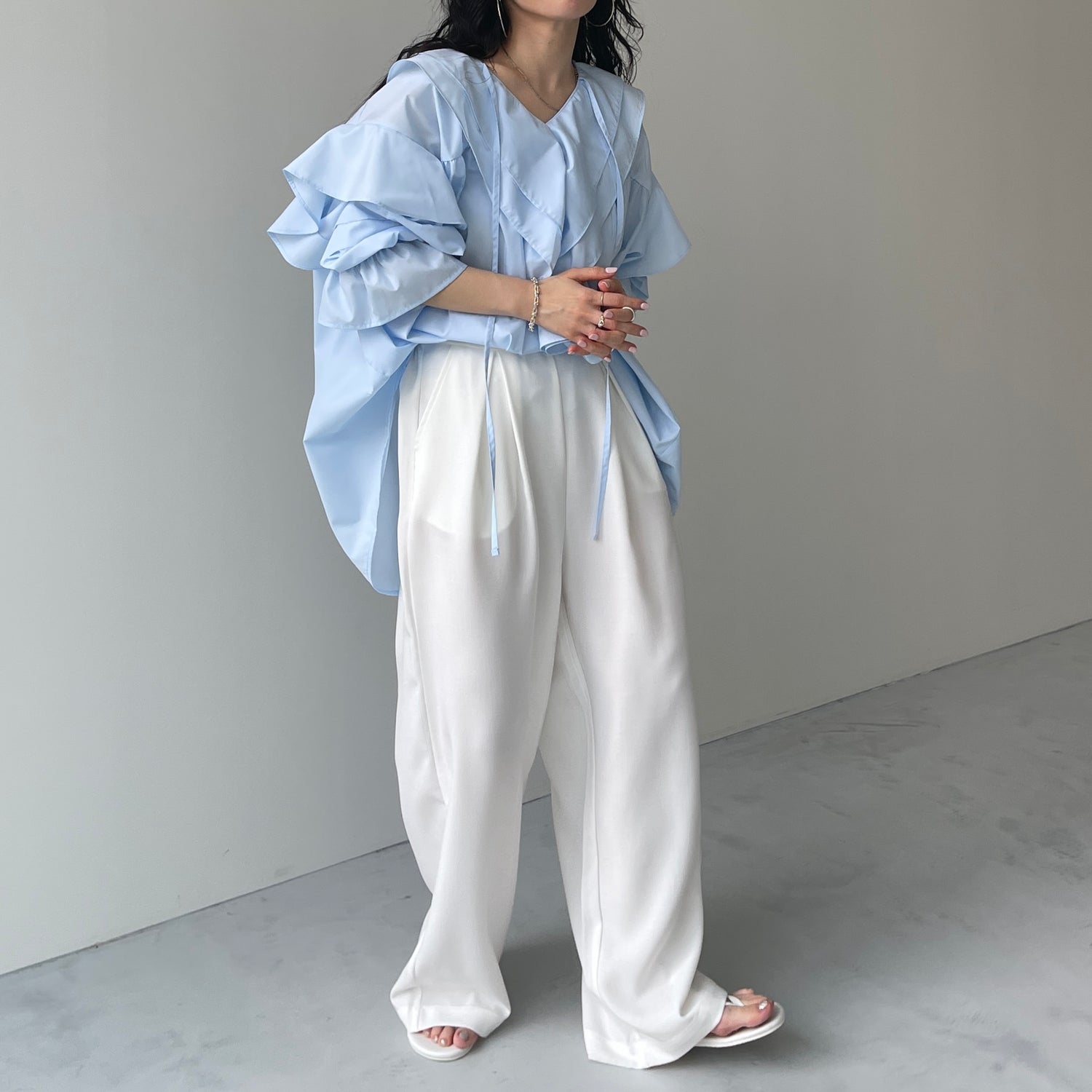 big collar frill blouse / light blue