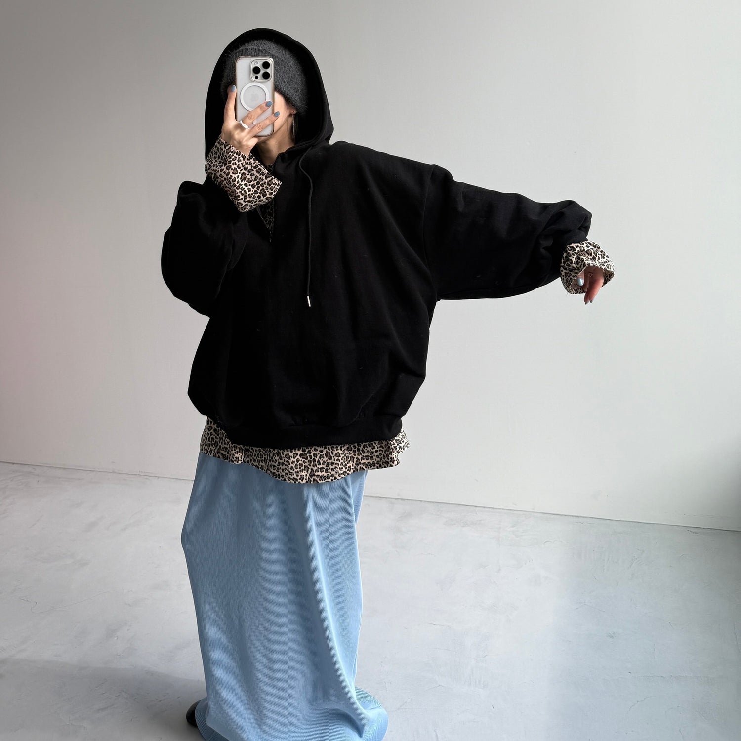 half zip loose hoodie / black