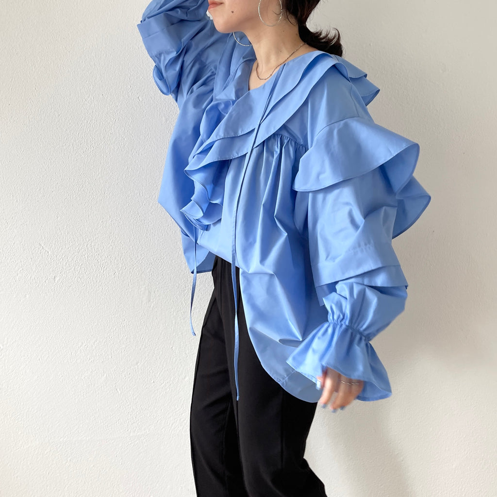 big collar frill blouse / blue （ビッグカラーフリルブラウス