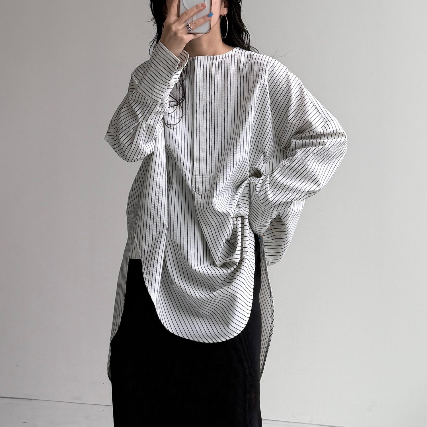 【公式サイト限定カラー】over size no collar seersucker shirt / stripe