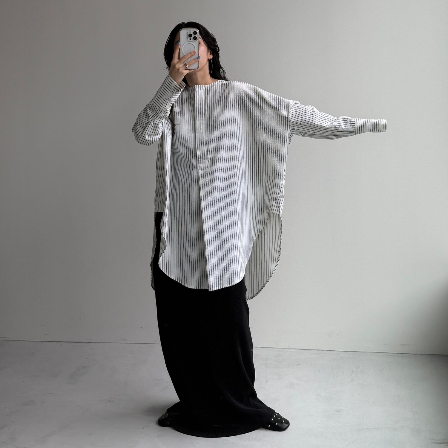 【公式サイト限定カラー】over size no collar seersucker shirt / stripe