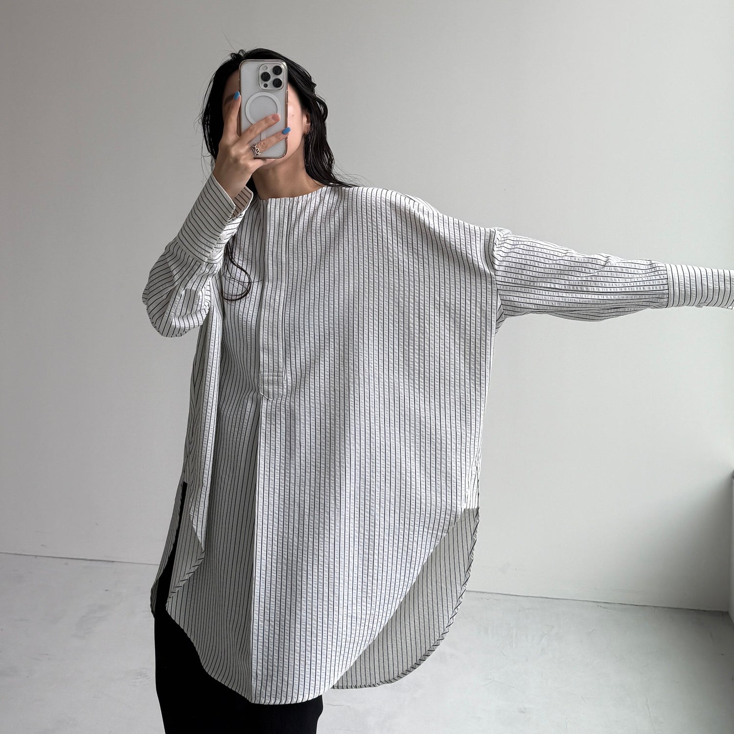 【公式サイト限定カラー】over size no collar seersucker shirt / stripe