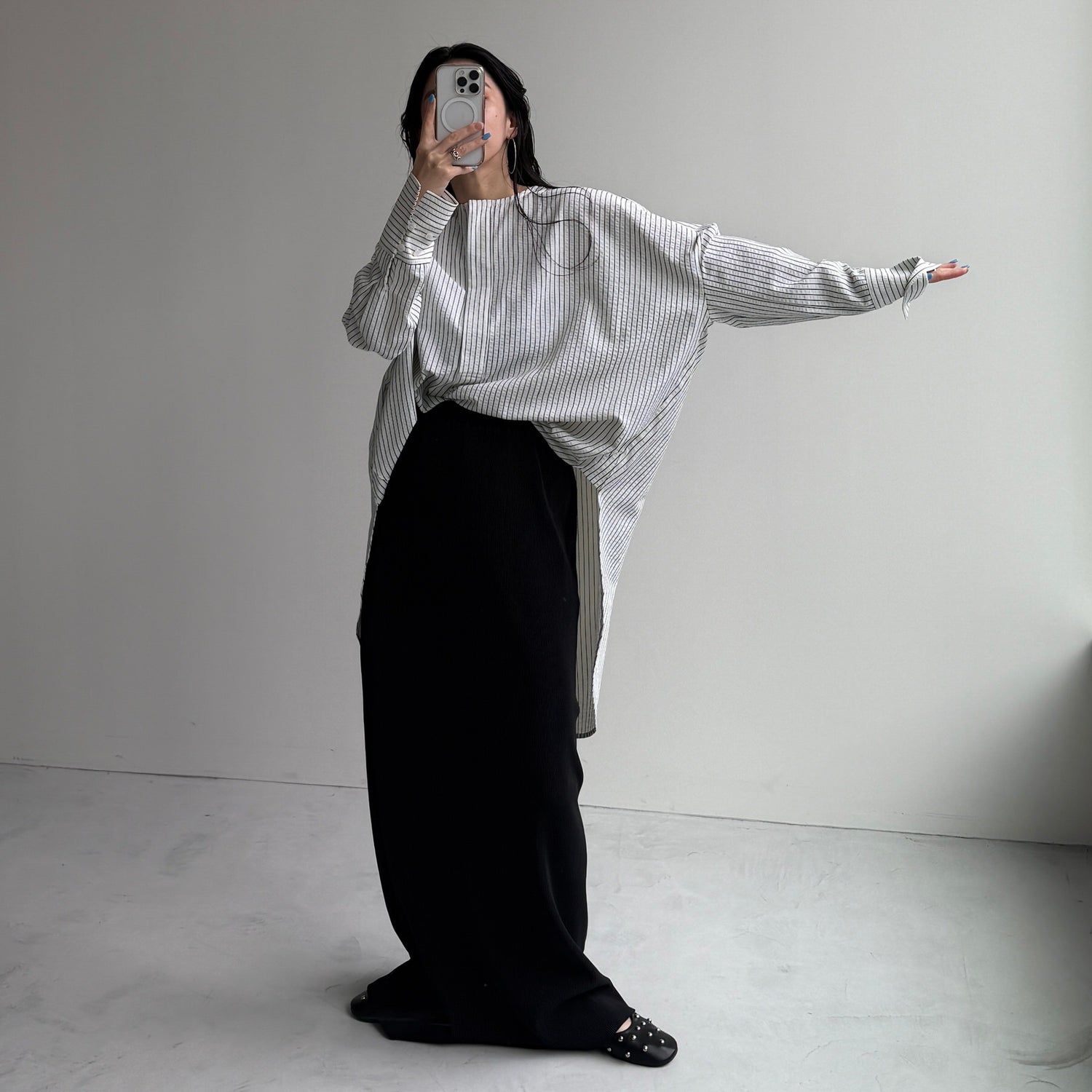 【公式サイト限定カラー】over size no collar seersucker shirt / stripe