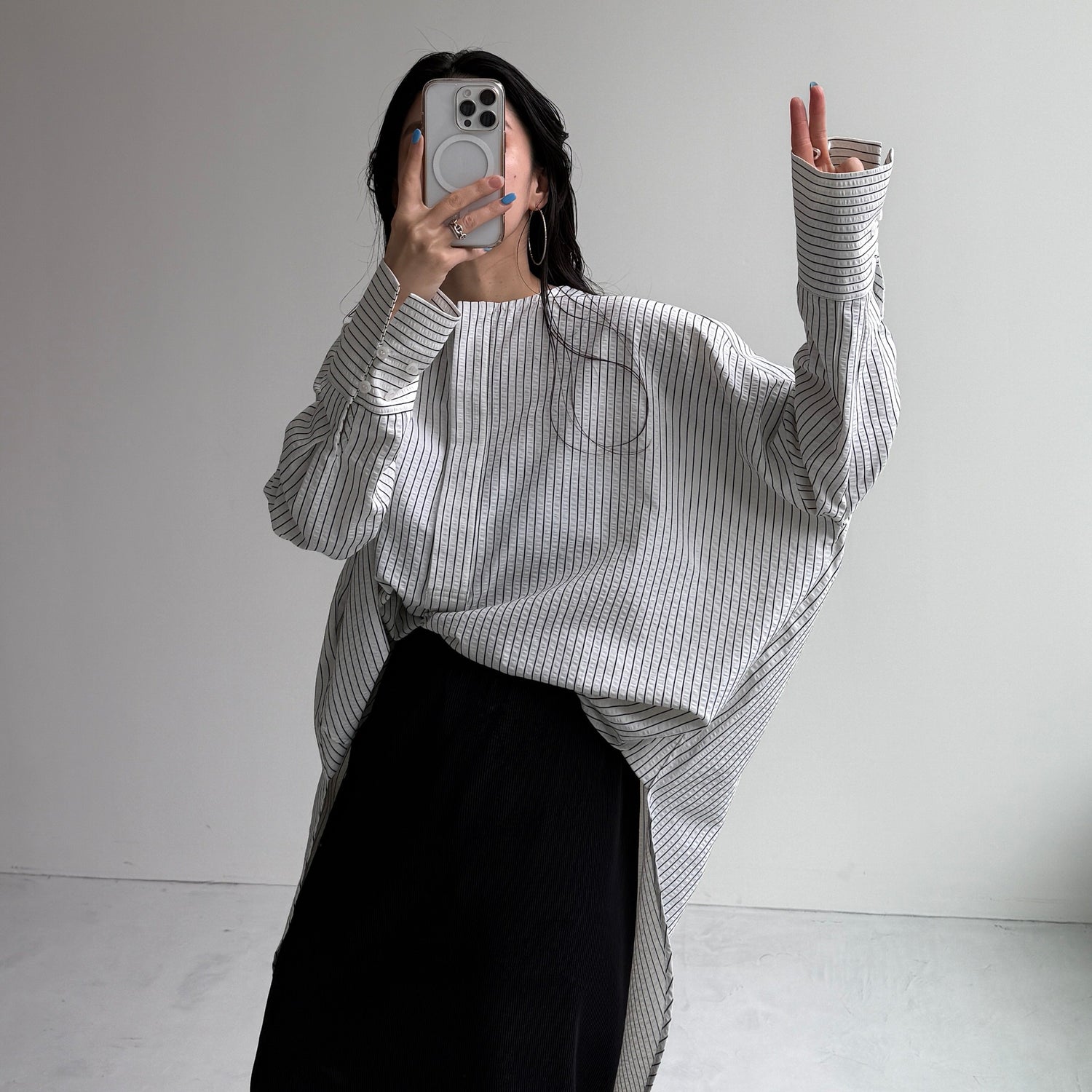【公式サイト限定カラー】over size no collar seersucker shirt / stripe