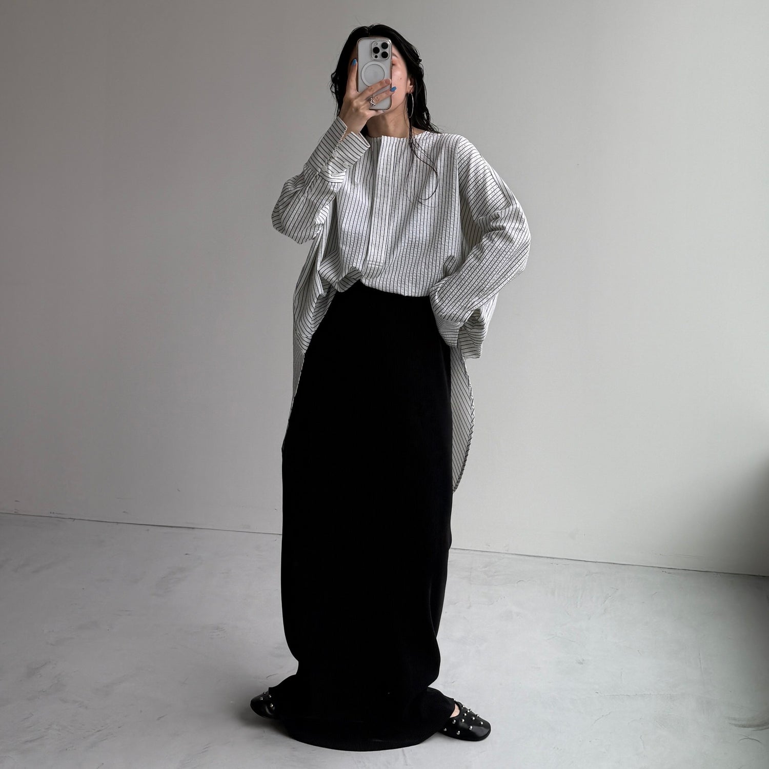 【公式サイト限定カラー】over size no collar seersucker shirt / stripe