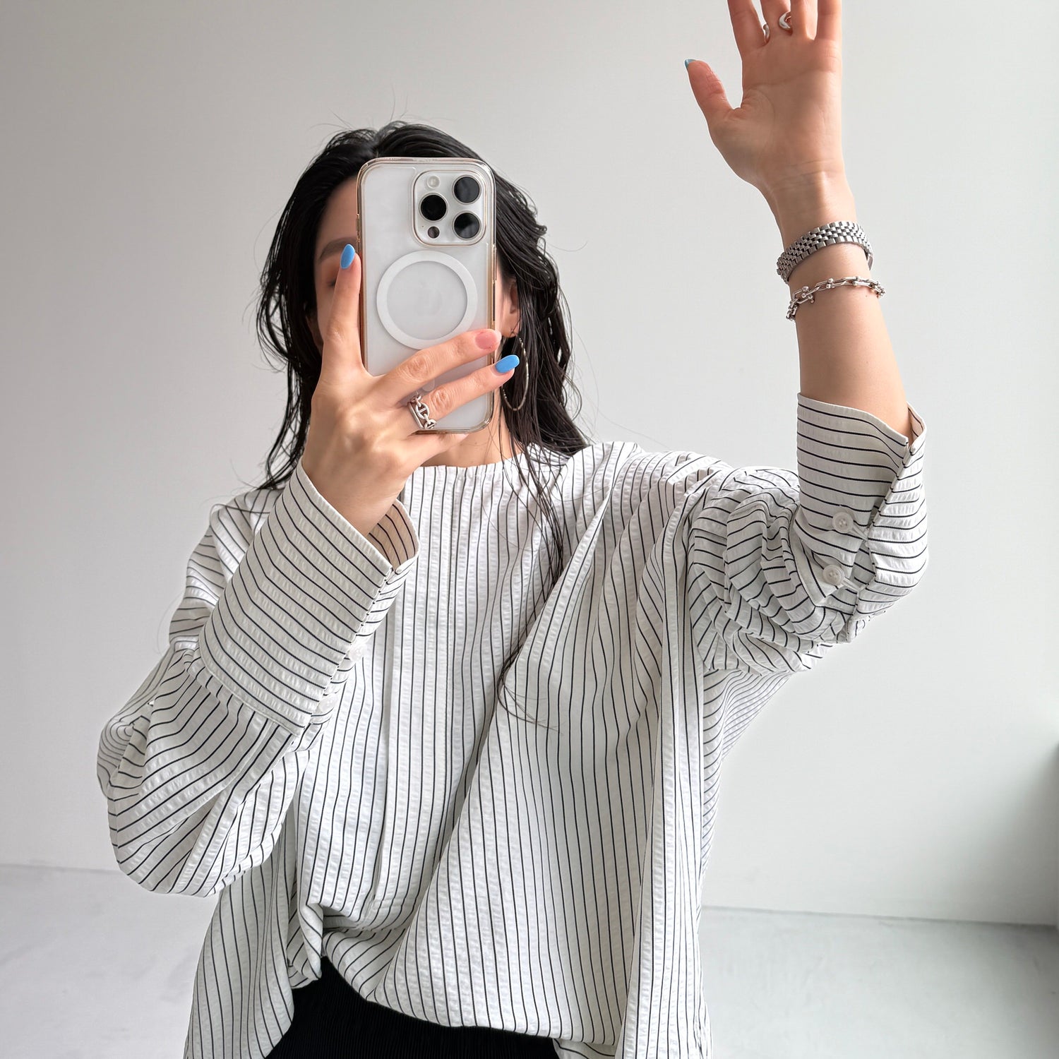 【公式サイト限定カラー】over size no collar seersucker shirt / stripe