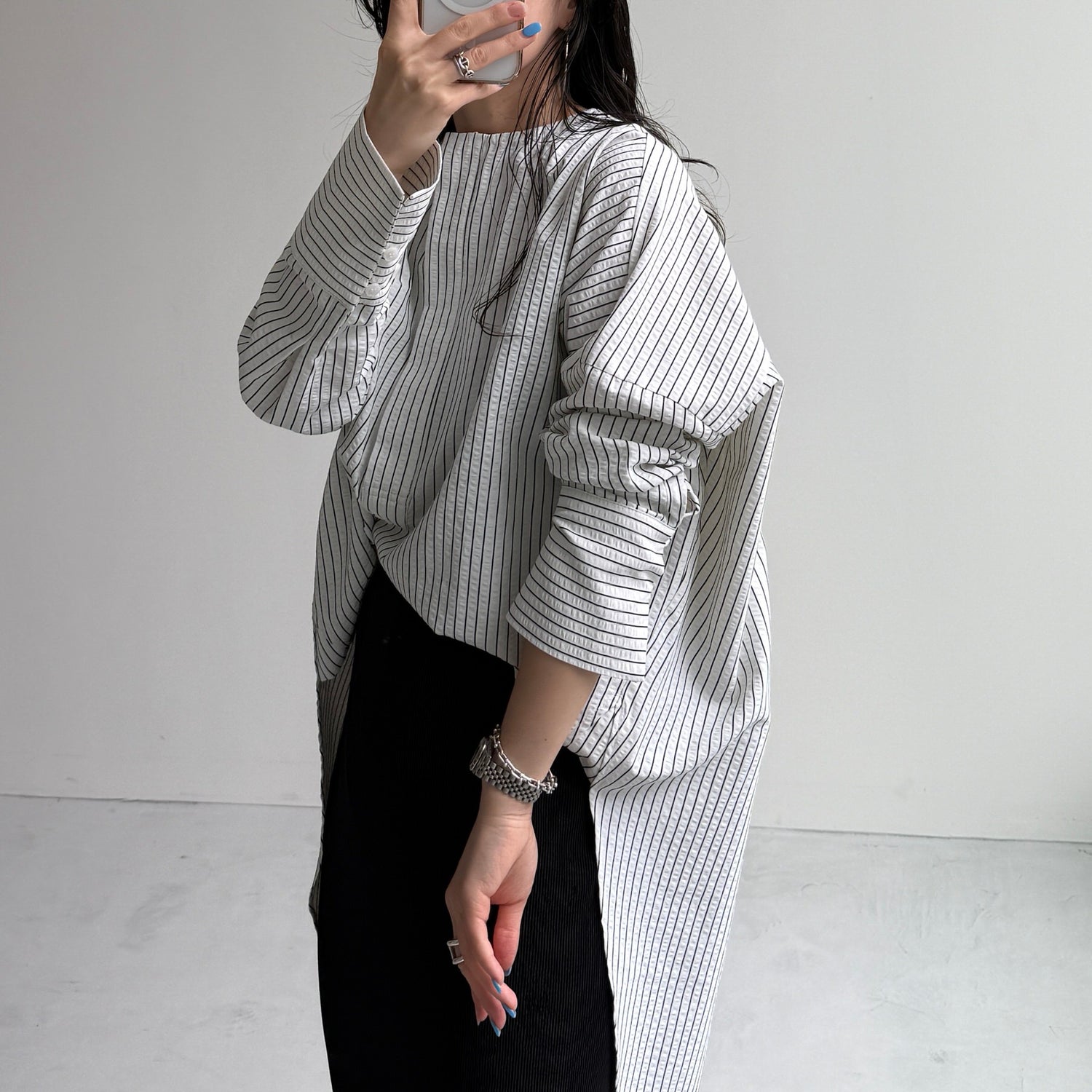 【公式サイト限定カラー】over size no collar seersucker shirt / stripe