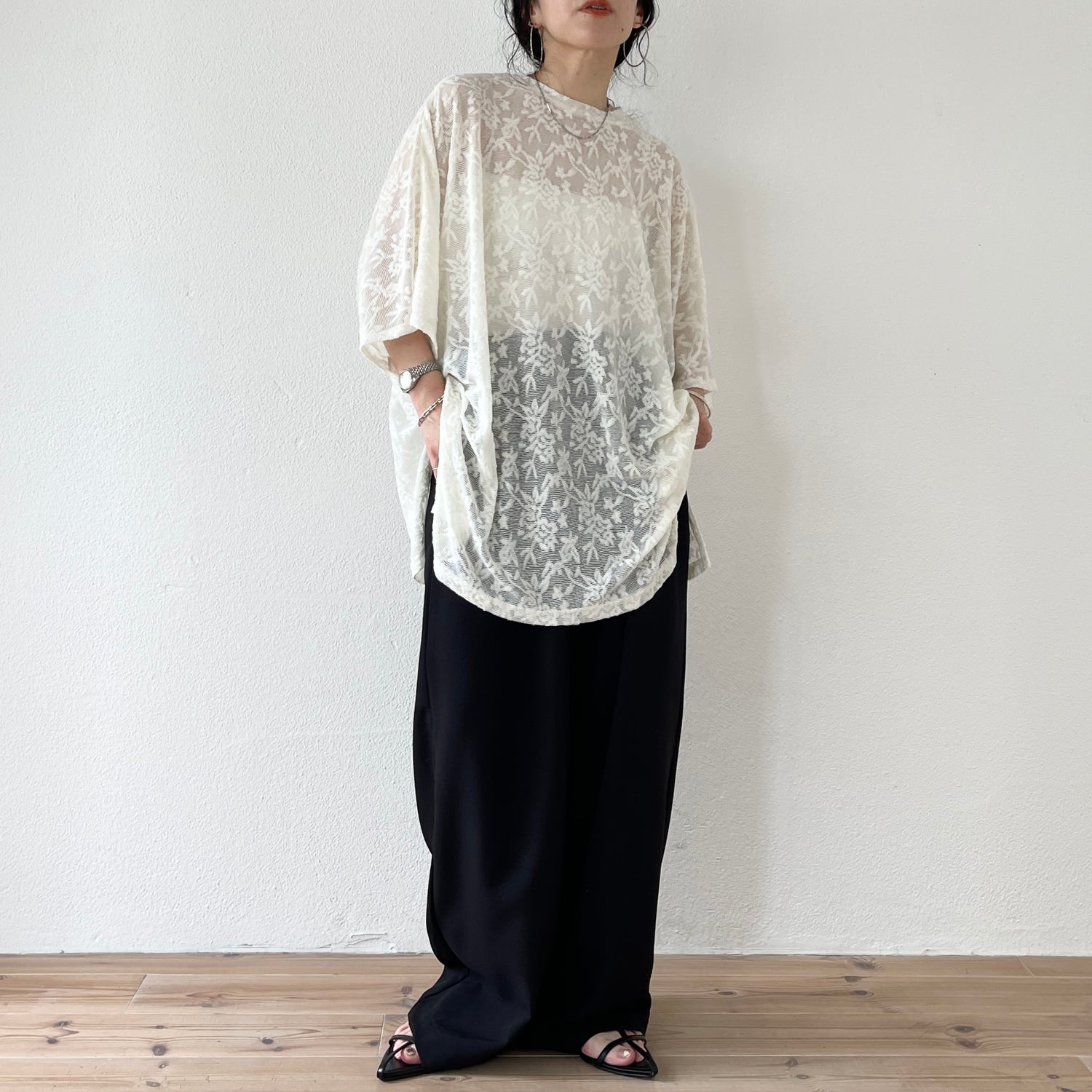 2way dolman lace sheer tee / ivory