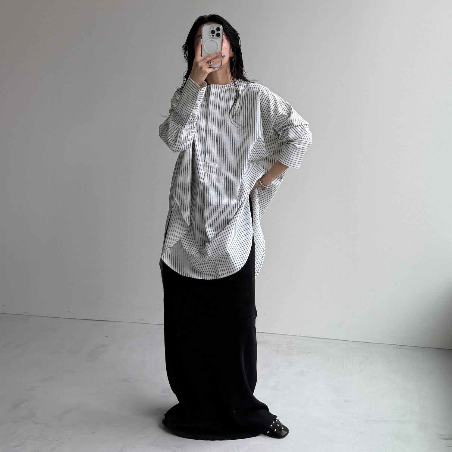【公式サイト限定カラー】over size no collar seersucker shirt / stripe