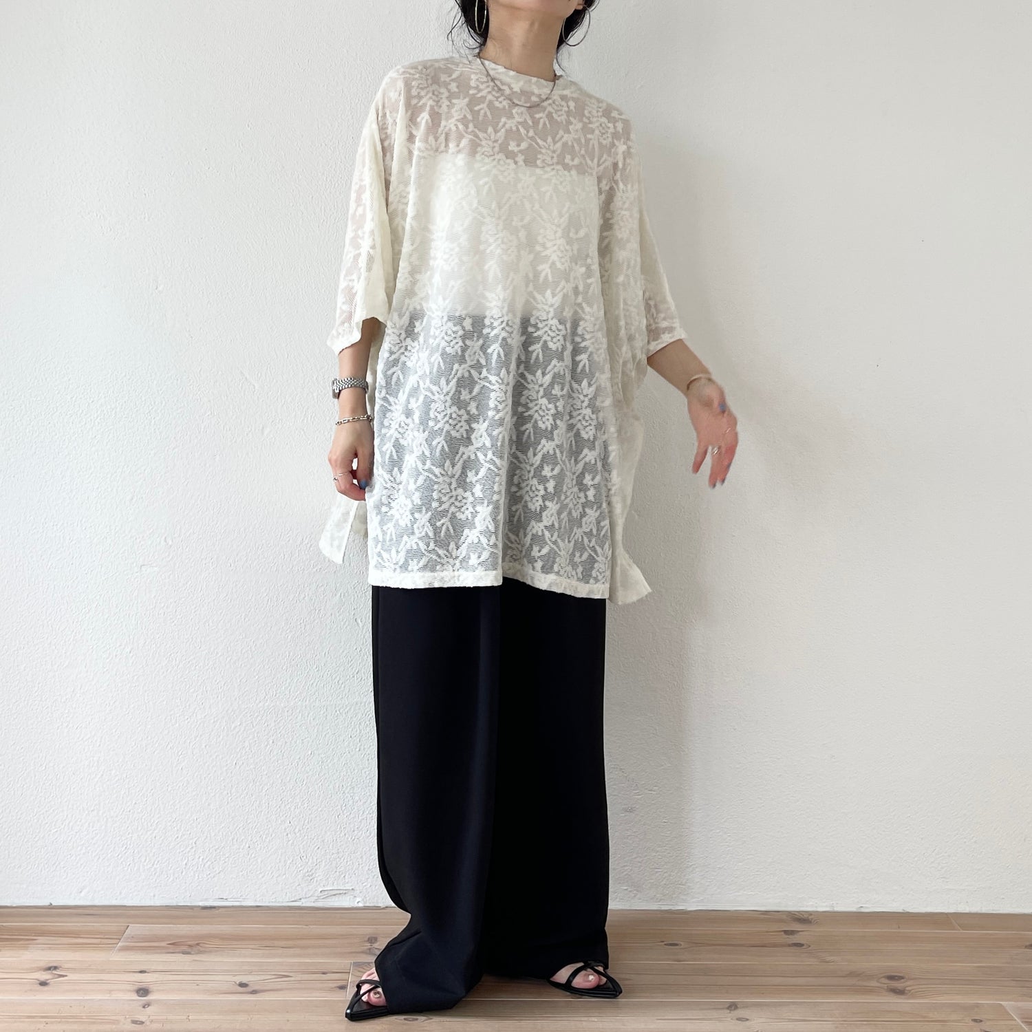 2way dolman lace sheer tee / ivory