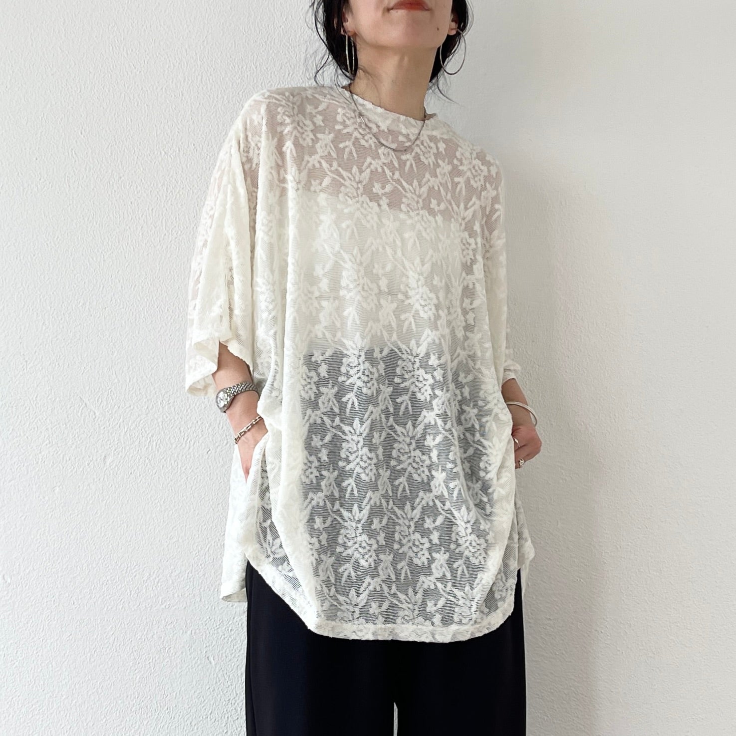 2way dolman lace sheer tee / ivory