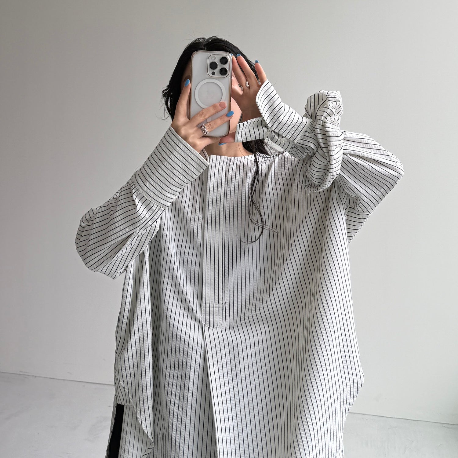 【公式サイト限定カラー】over size no collar seersucker shirt / stripe