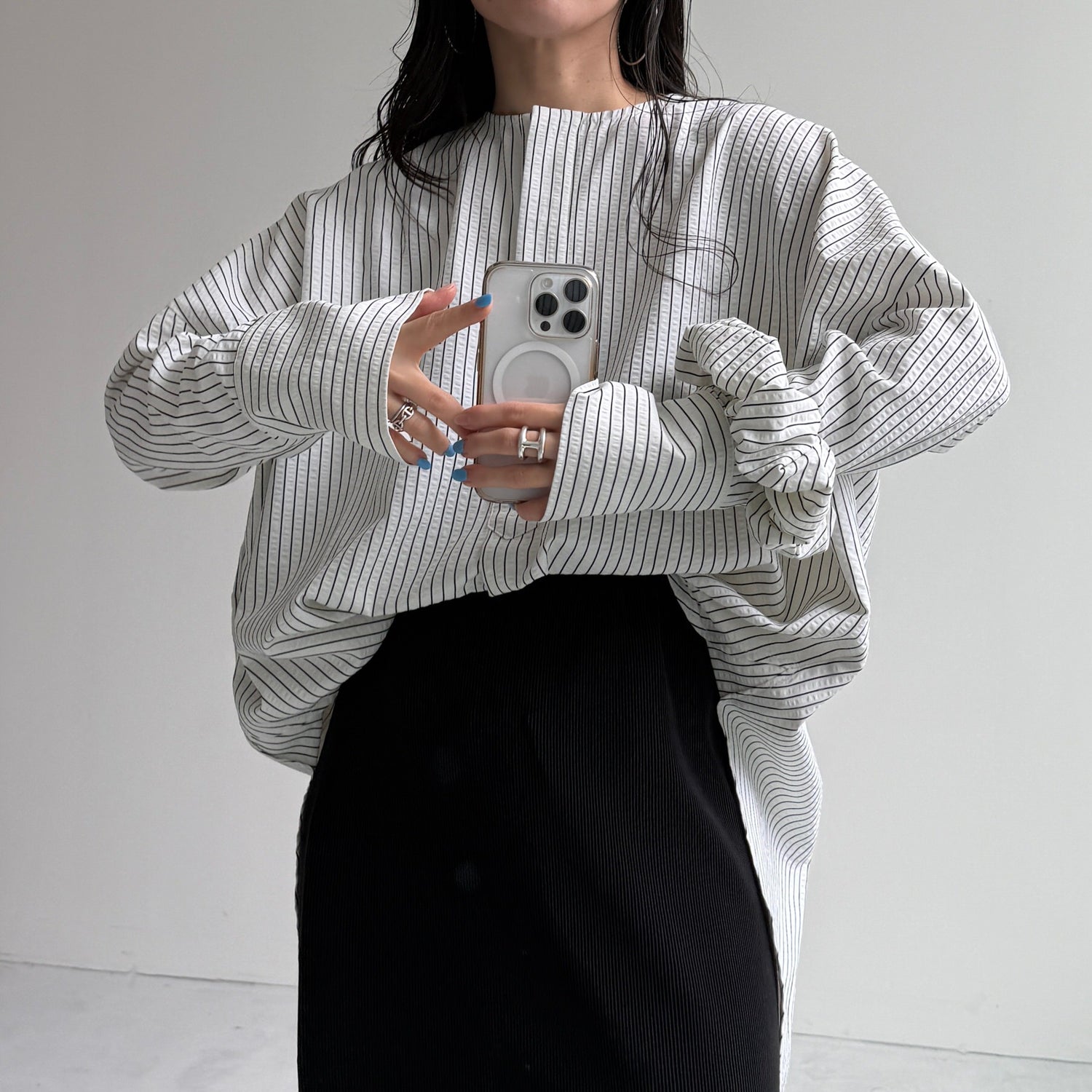 【公式サイト限定カラー】over size no collar seersucker shirt / stripe