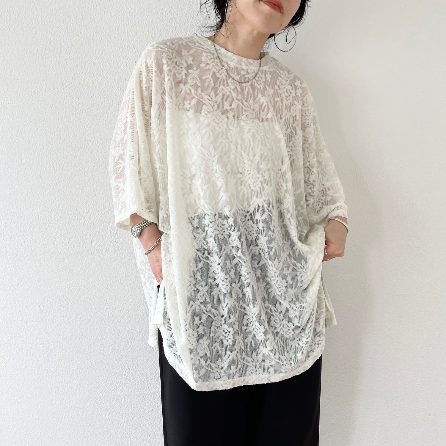 2way dolman lace sheer tee / ivory