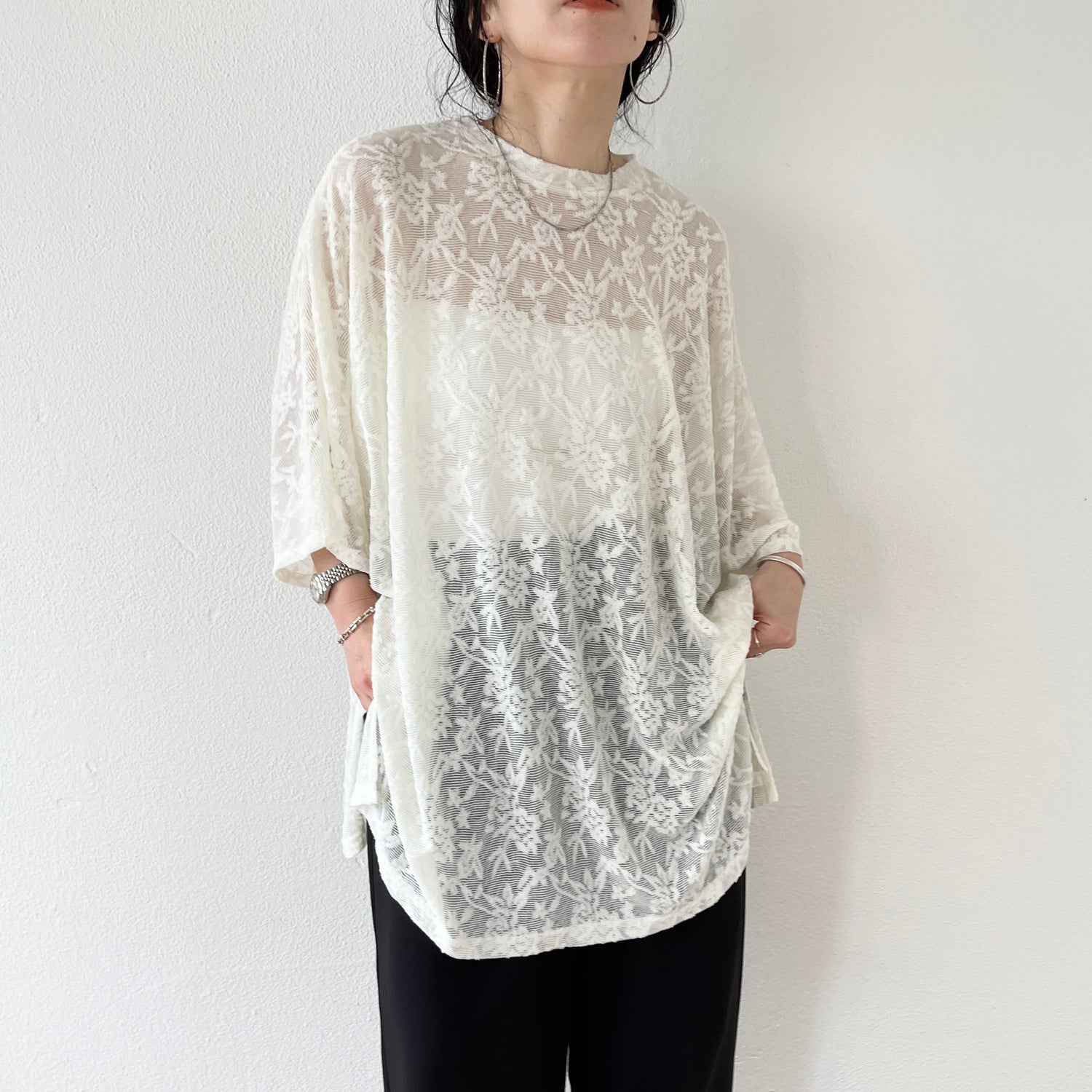 2way dolman lace sheer tee / ivory