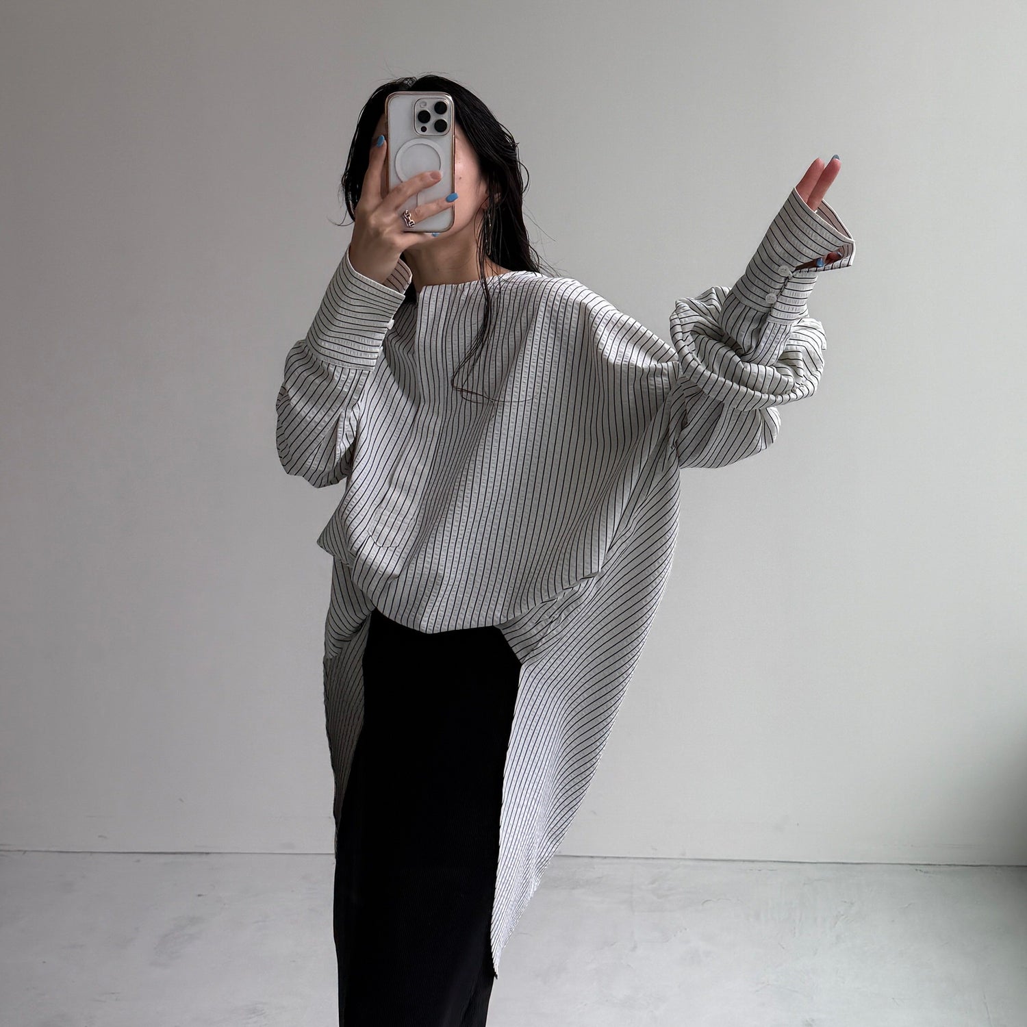 【公式サイト限定カラー】over size no collar seersucker shirt / stripe