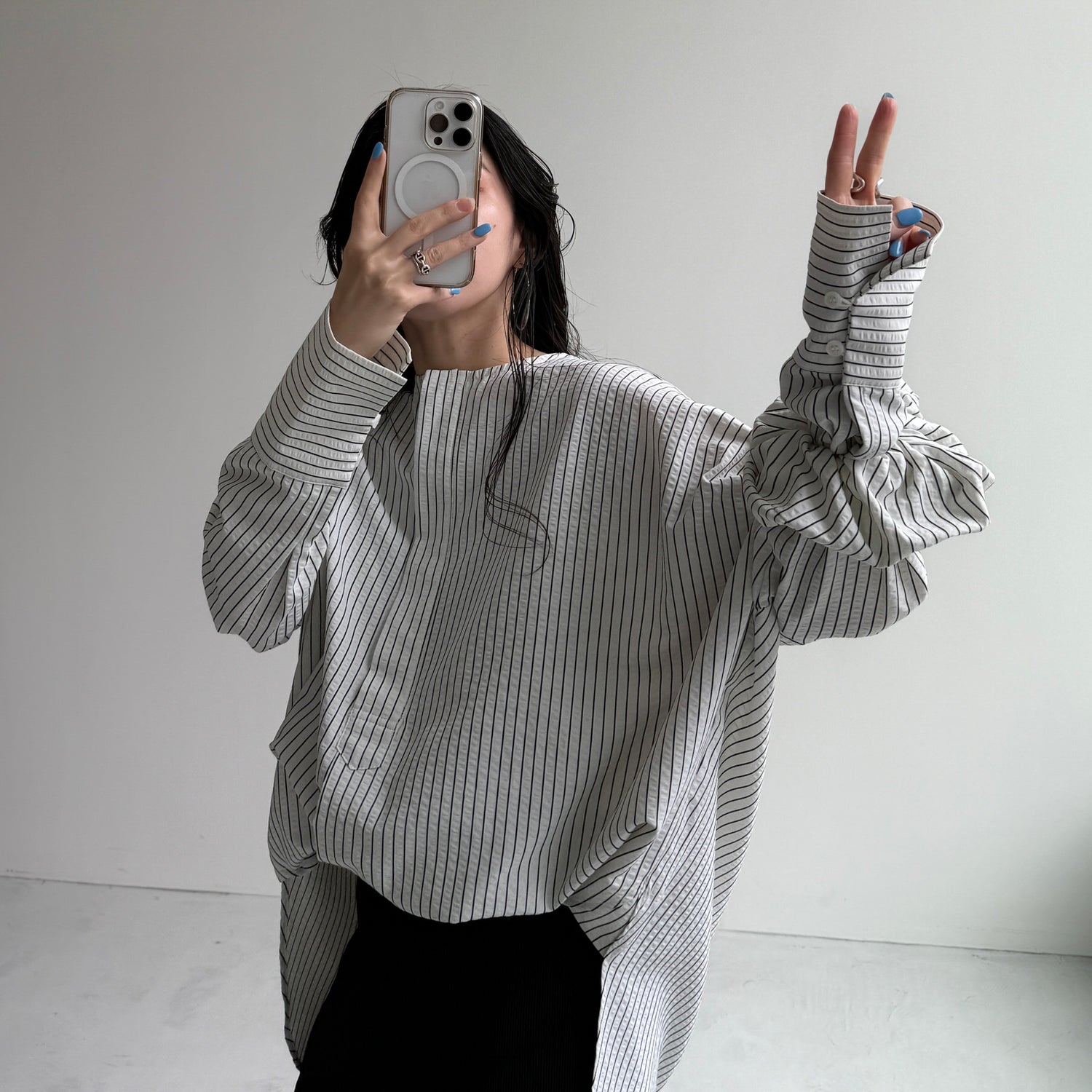 【公式サイト限定カラー】over size no collar seersucker shirt / stripe