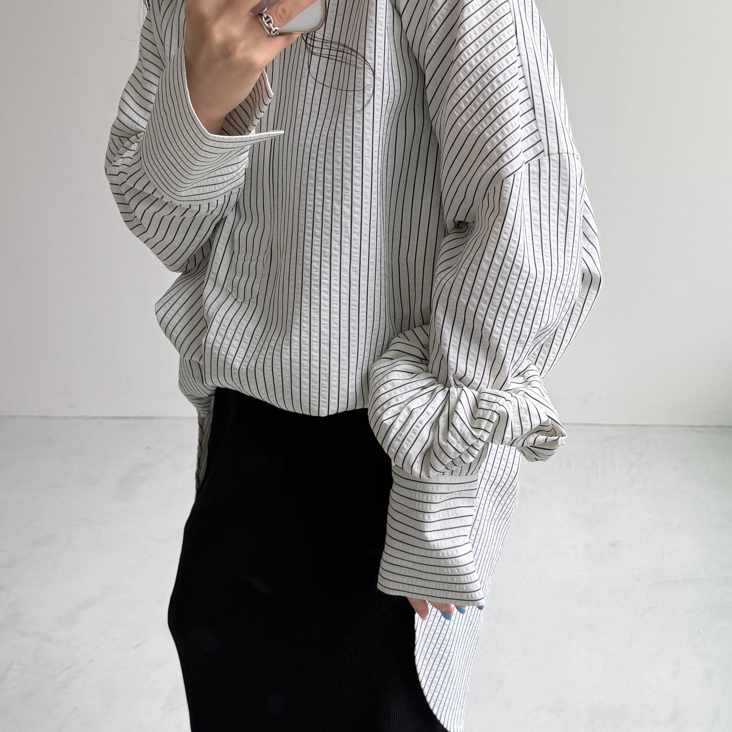 【公式サイト限定カラー】over size no collar seersucker shirt / stripe