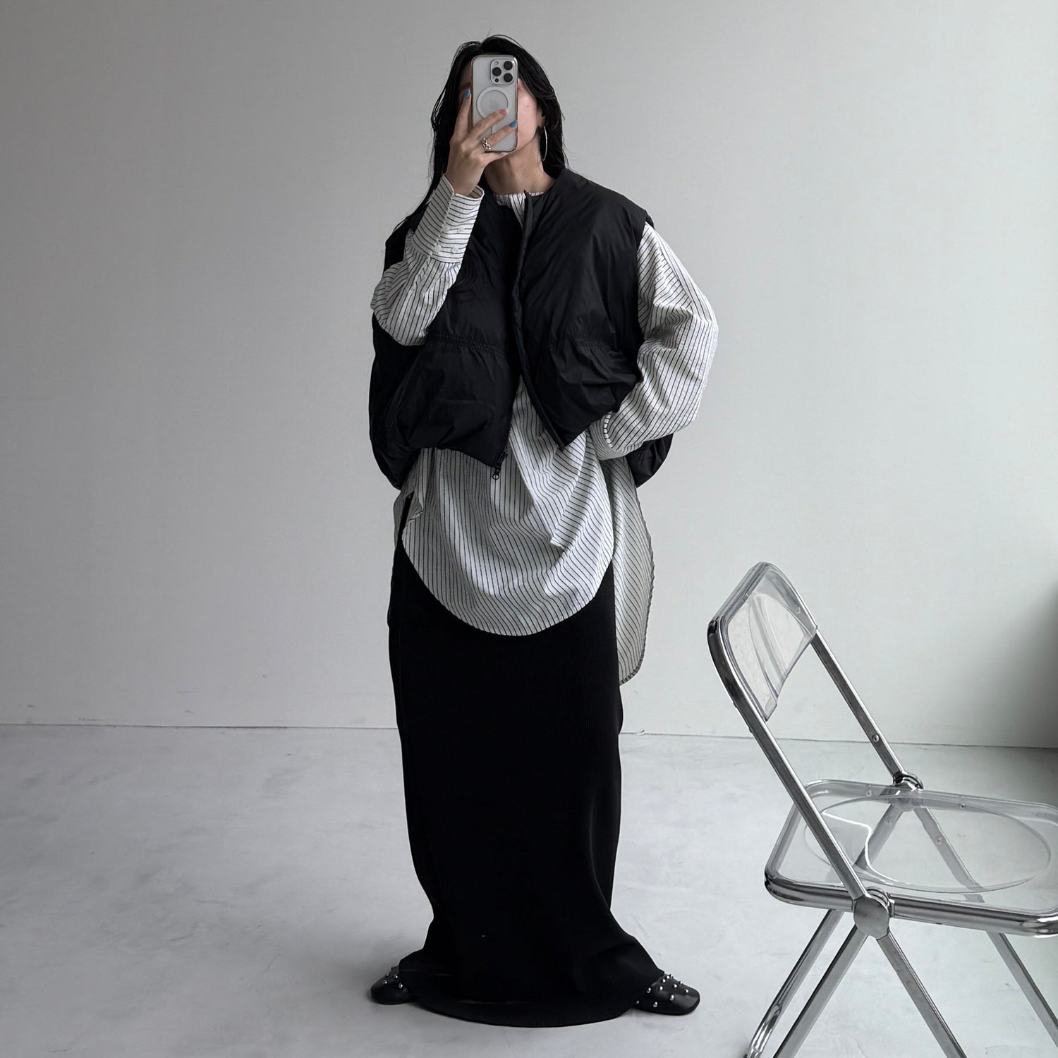 【2点SET】pouch chouchou × over size no collar seersucker shirt