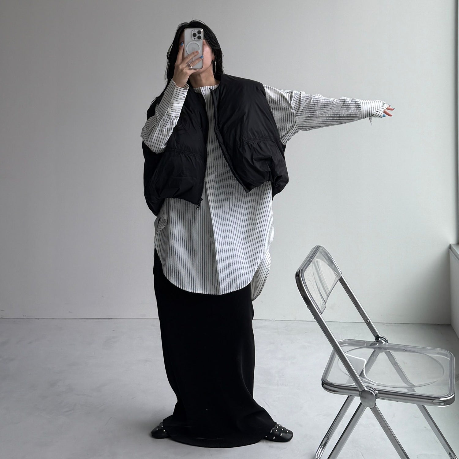 【公式サイト限定カラー】over size no collar seersucker shirt / stripe