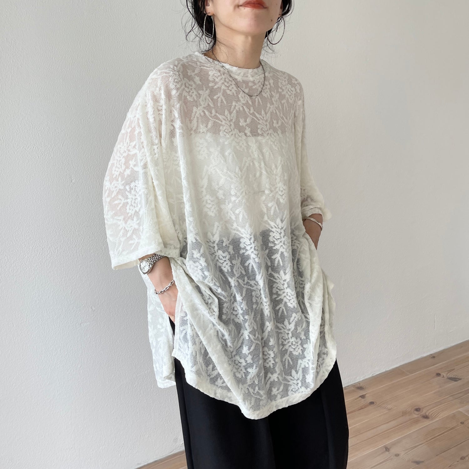 2way dolman lace sheer tee / ivory