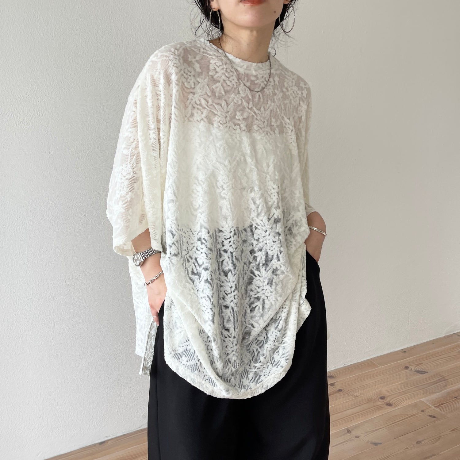 【SAMPLE】2way dolman lace sheer tee / ivory