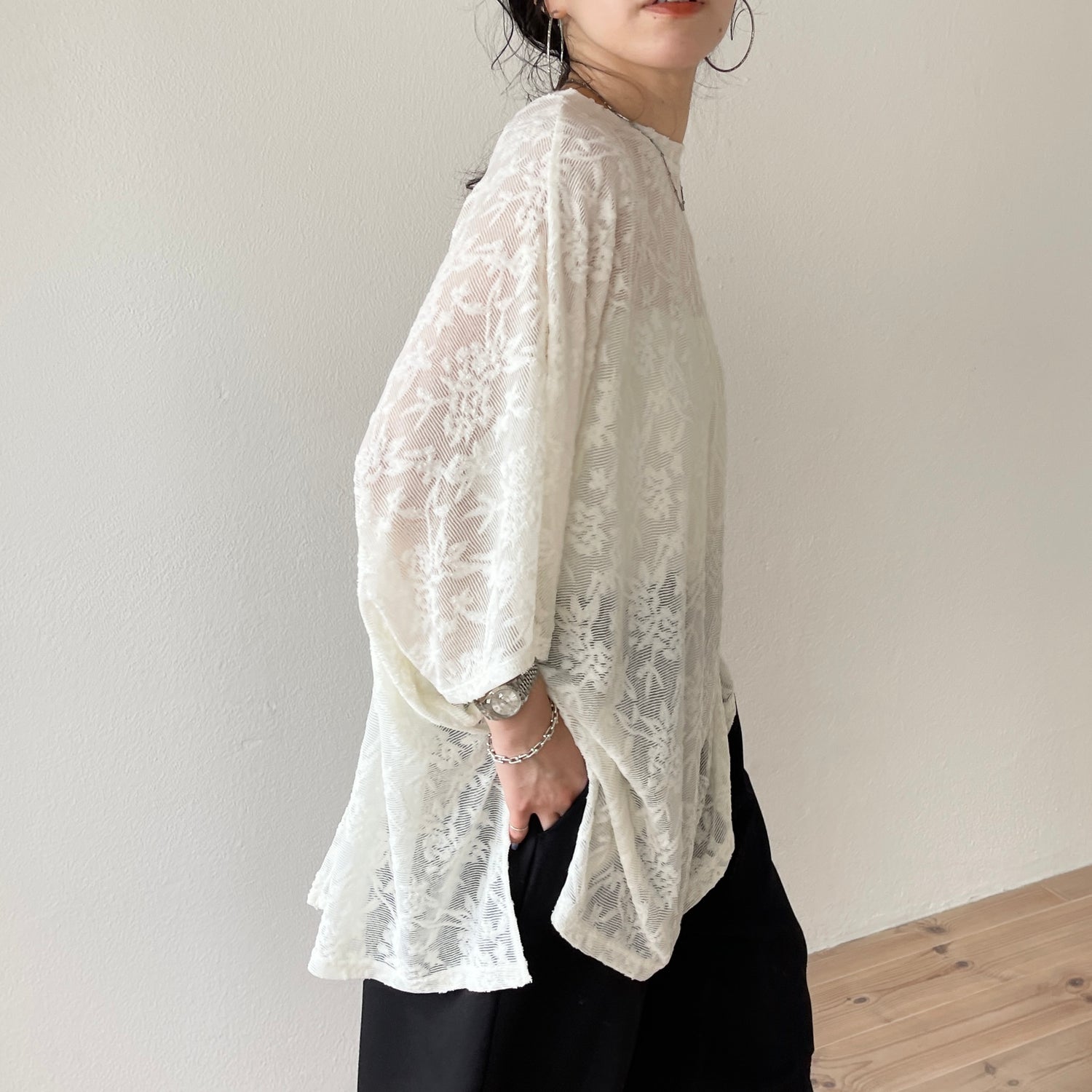 2way dolman lace sheer tee / ivory