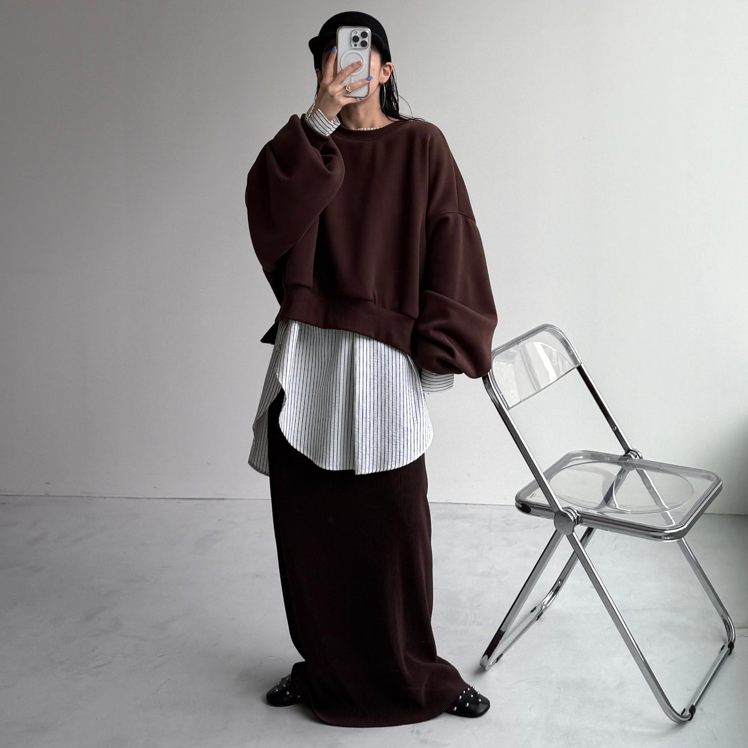 【公式サイト限定カラー】over size no collar seersucker shirt / stripe
