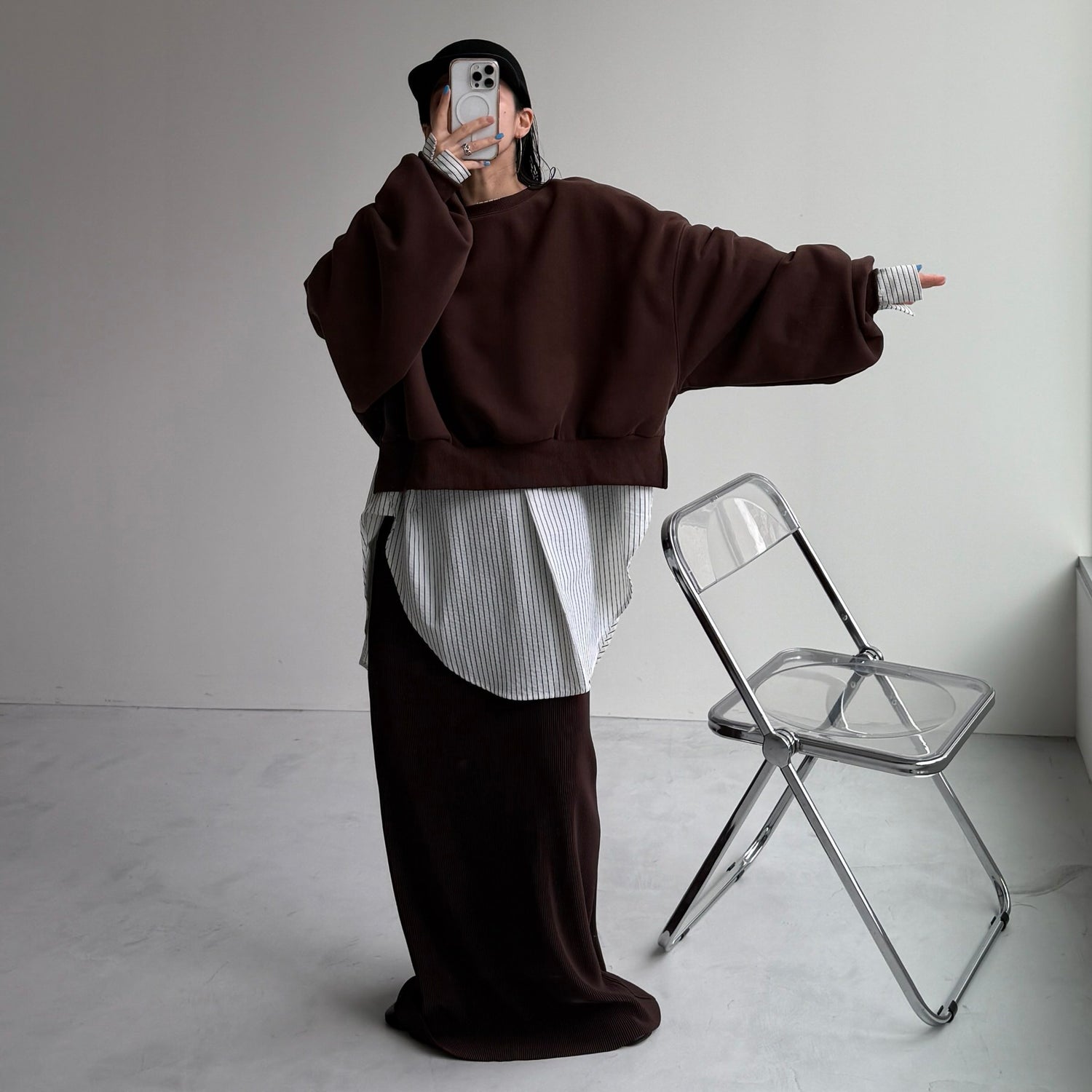 【2点SET】pouch chouchou × over size no collar seersucker shirt