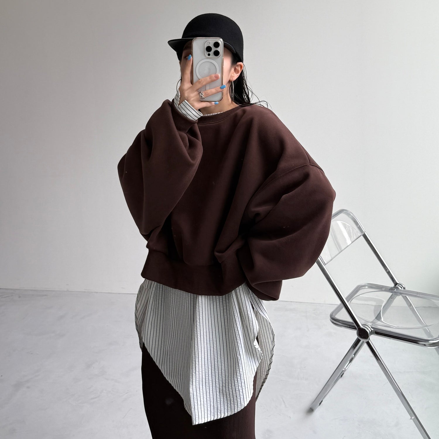 【公式サイト限定カラー】over size no collar seersucker shirt / stripe