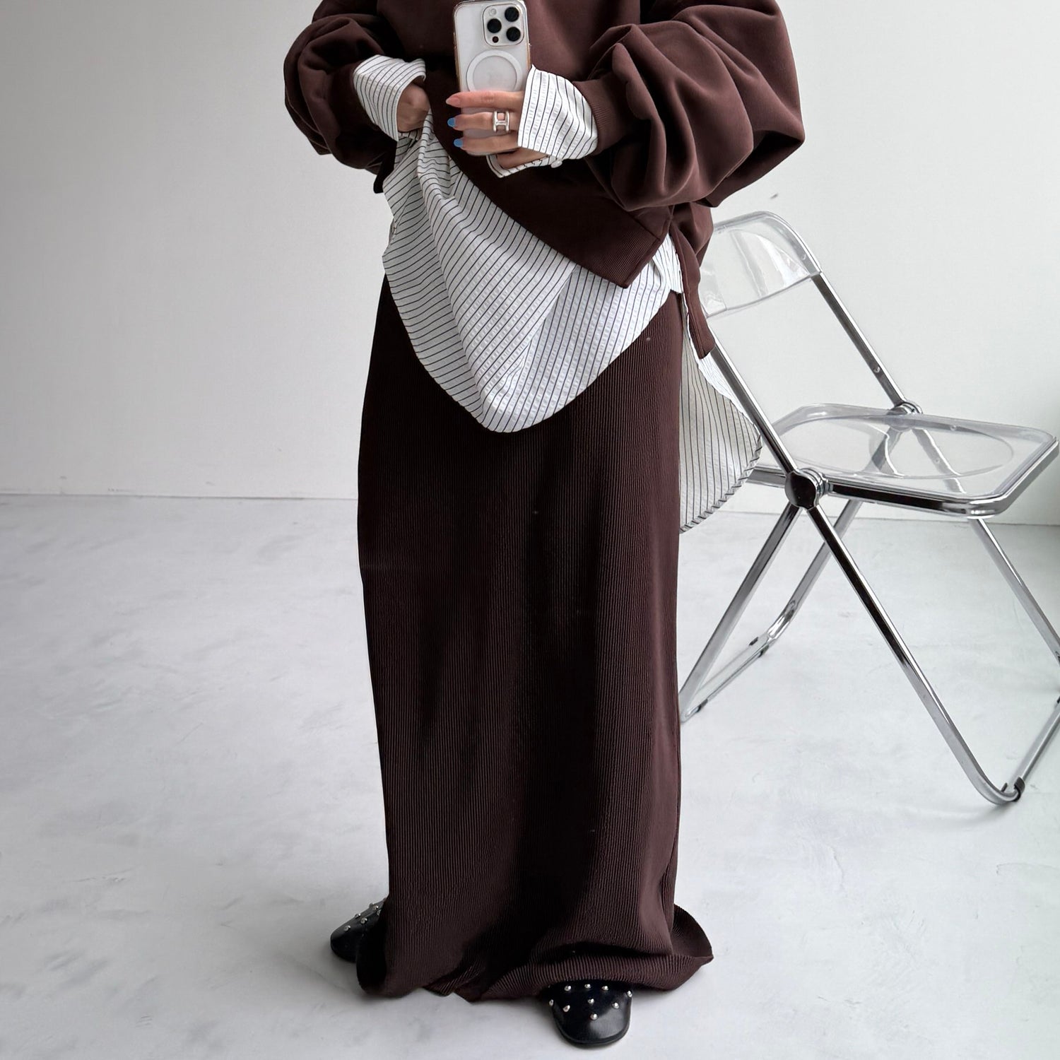 【公式サイト限定カラー】daily daily super stretch pleats skirt / brown [FREE or LONG]