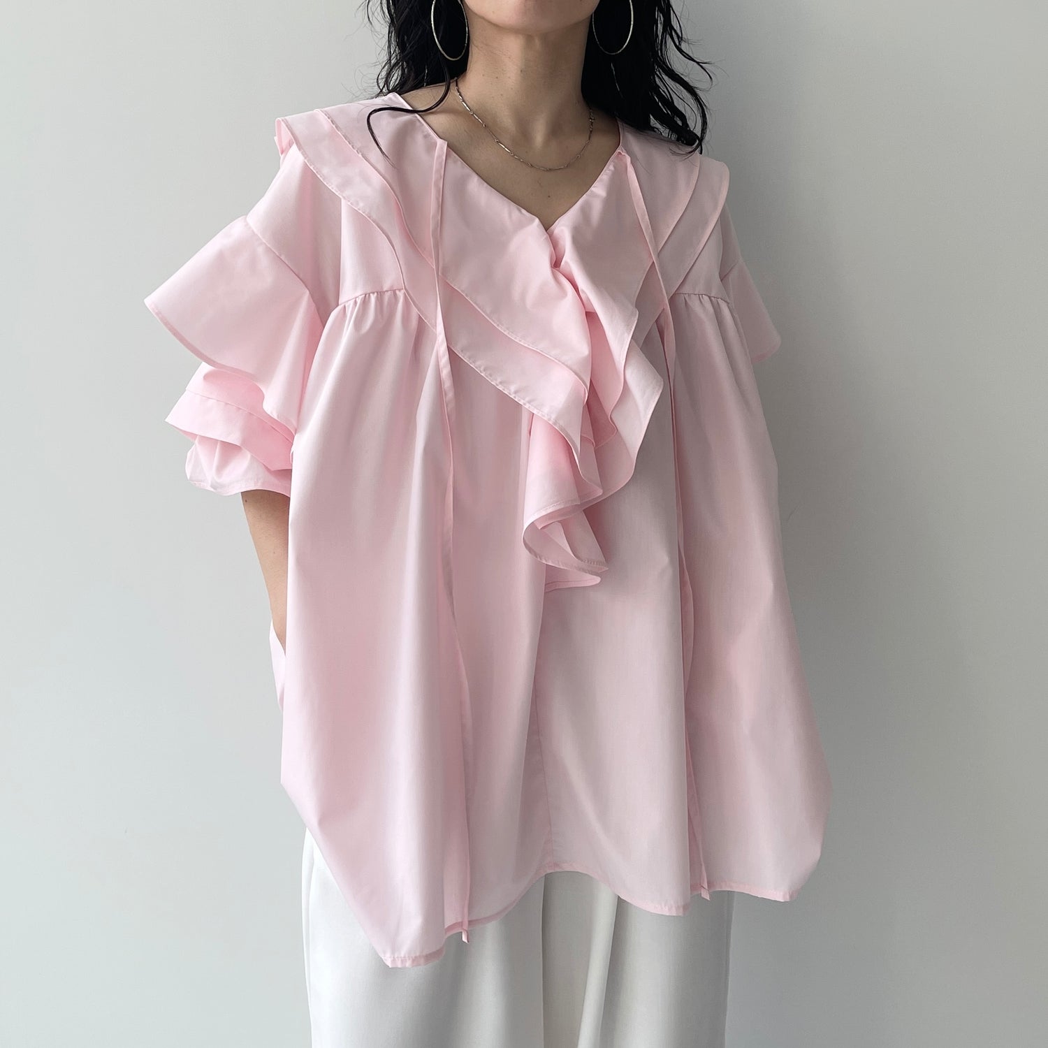 big collar frill blouse / baby pink