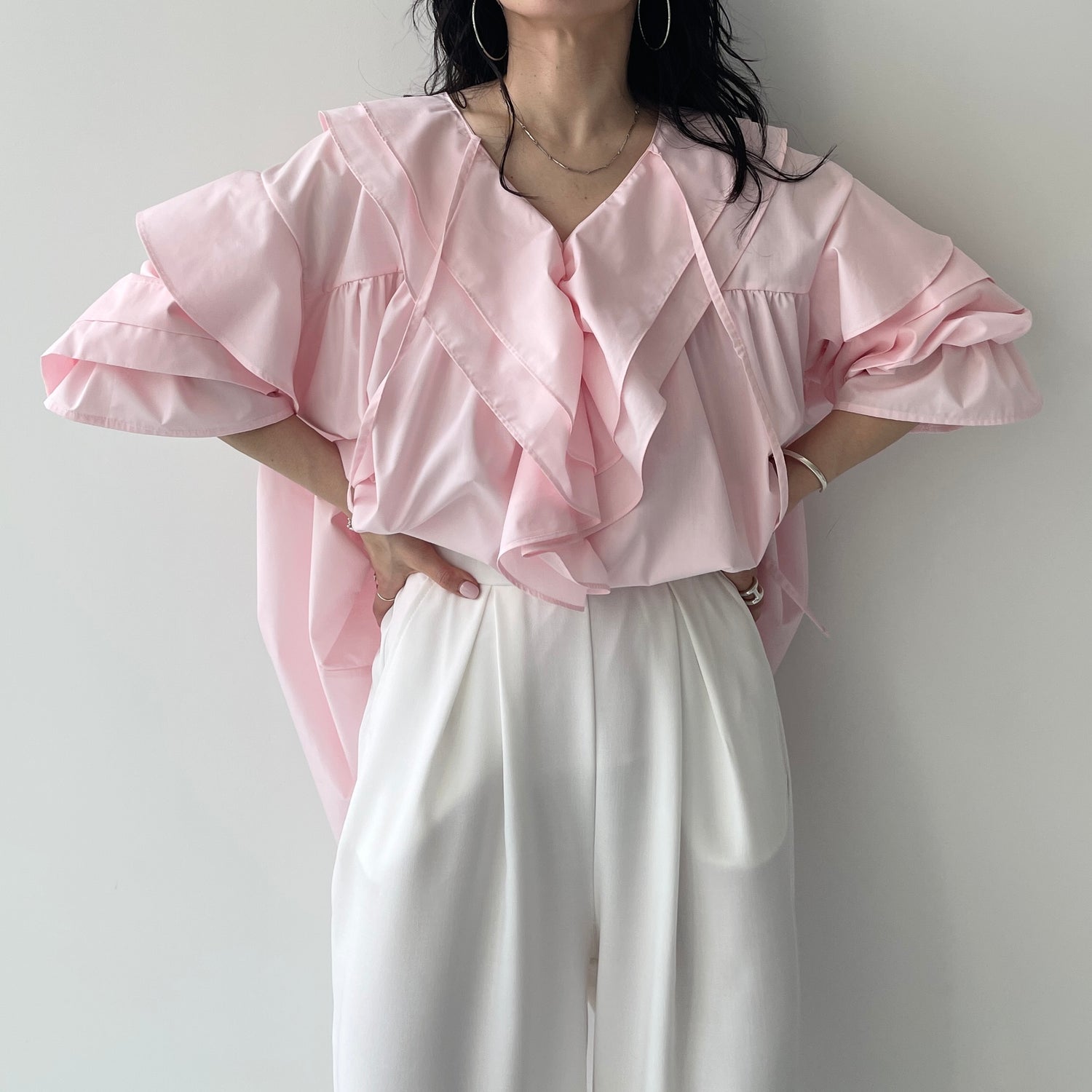 big collar frill blouse / baby pink