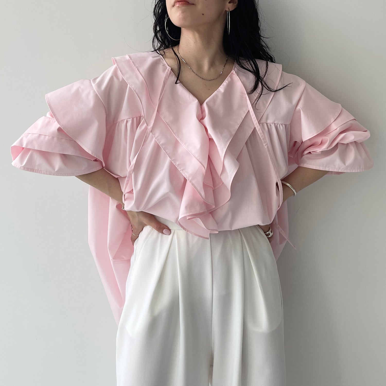 big collar frill blouse / baby pink