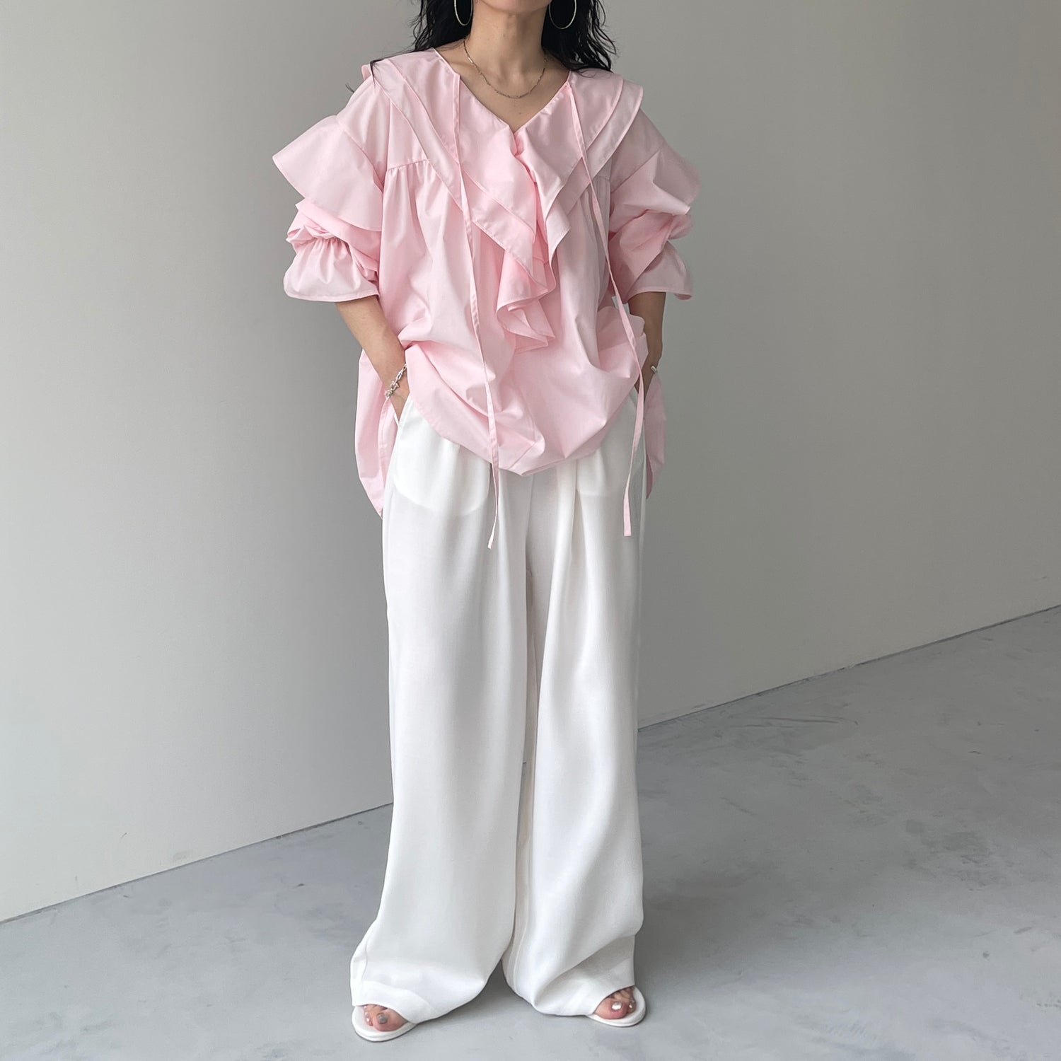 big collar frill blouse / baby pink