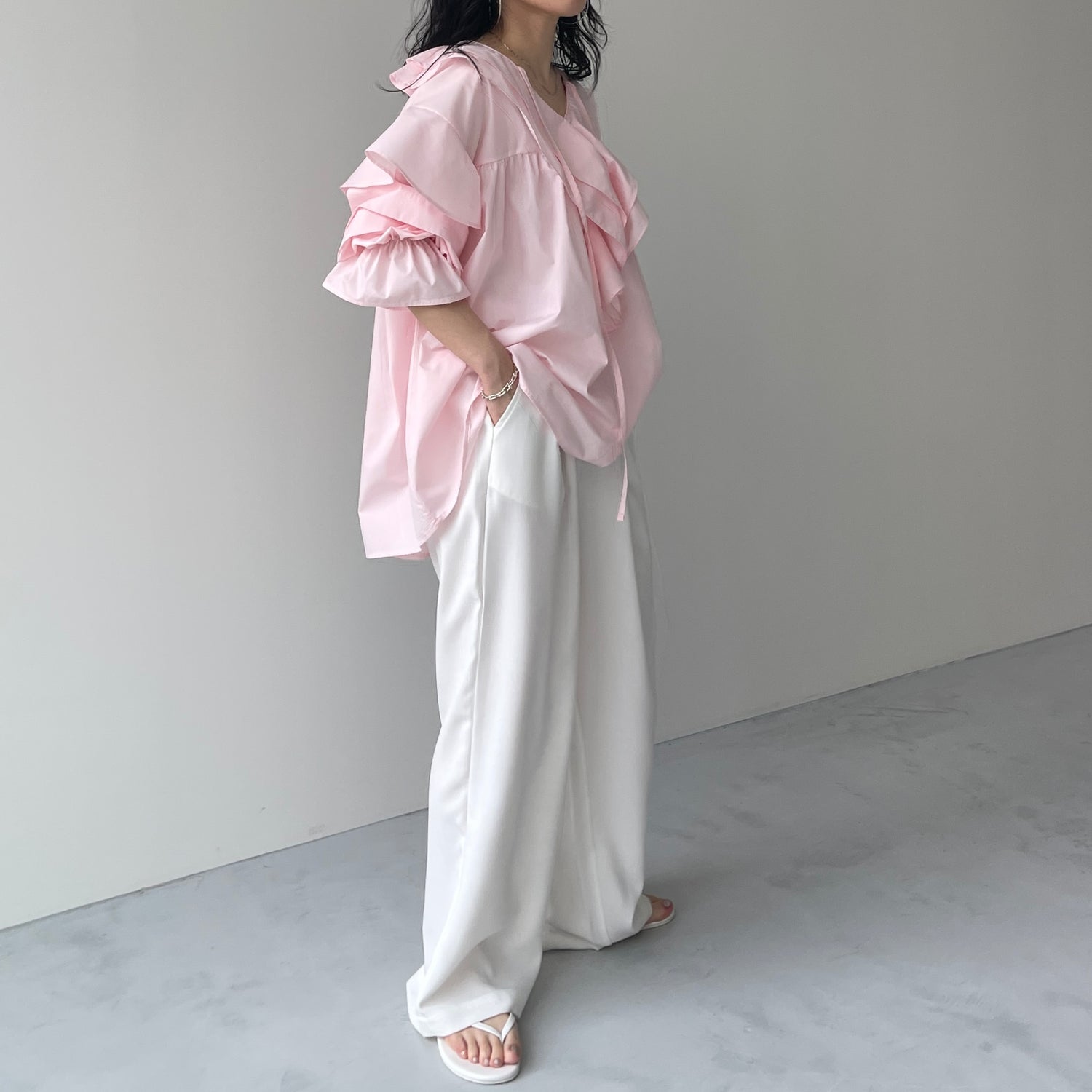 big collar frill blouse / baby pink