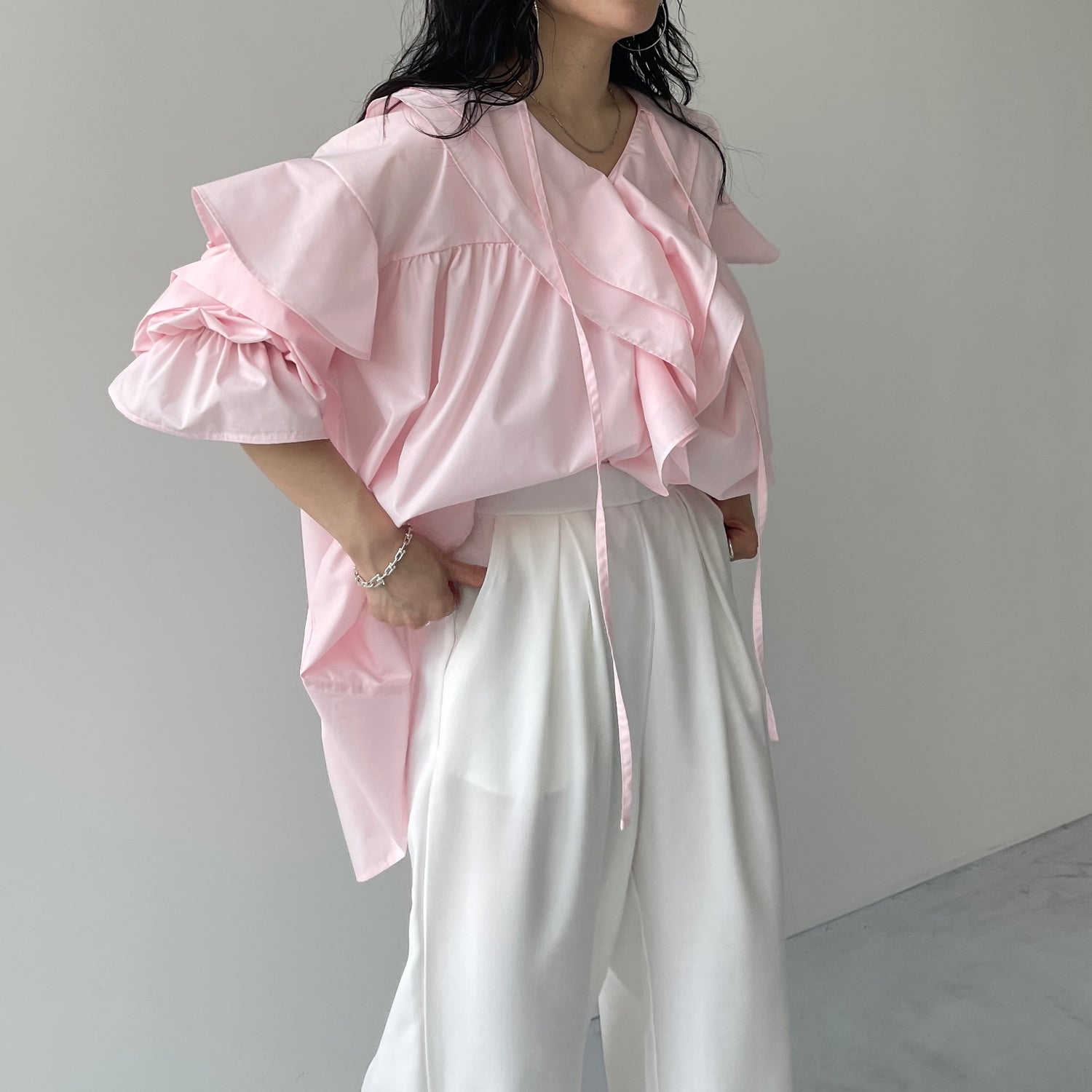 big collar frill blouse / baby pink