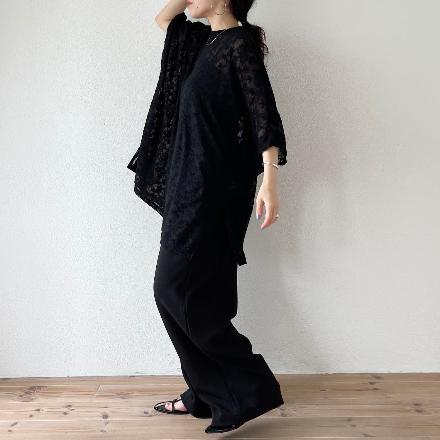 2way dolman lace sheer tee / black