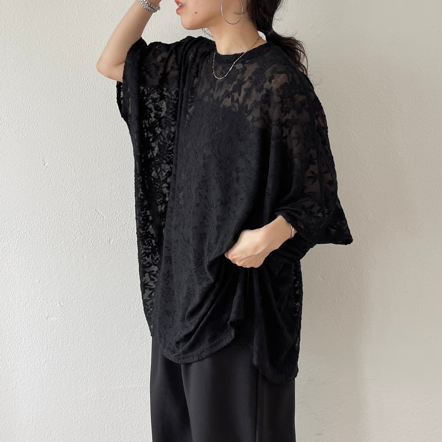 2way dolman lace sheer tee / black