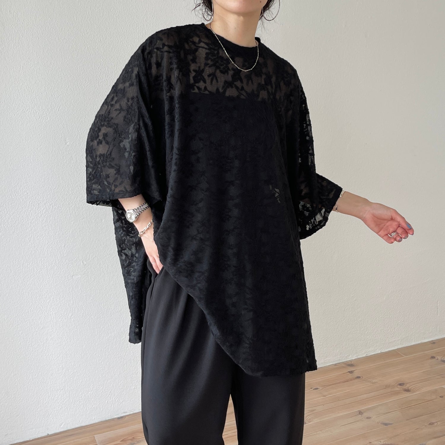 2way dolman lace sheer tee / black